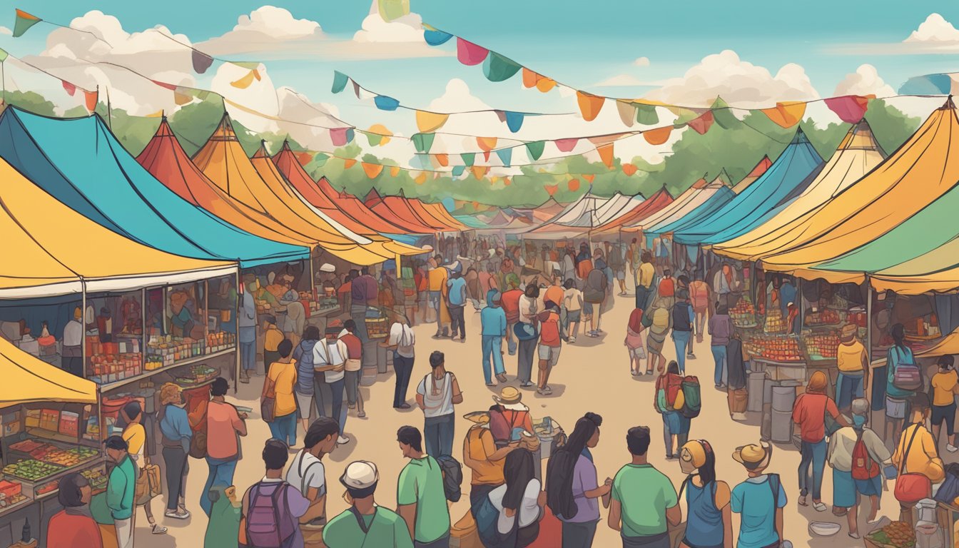 A bustling outdoor festival with colorful tents, food vendors, and a lively crowd sampling and purchasing various hot sauces. Music fills the air as visitors plan their day