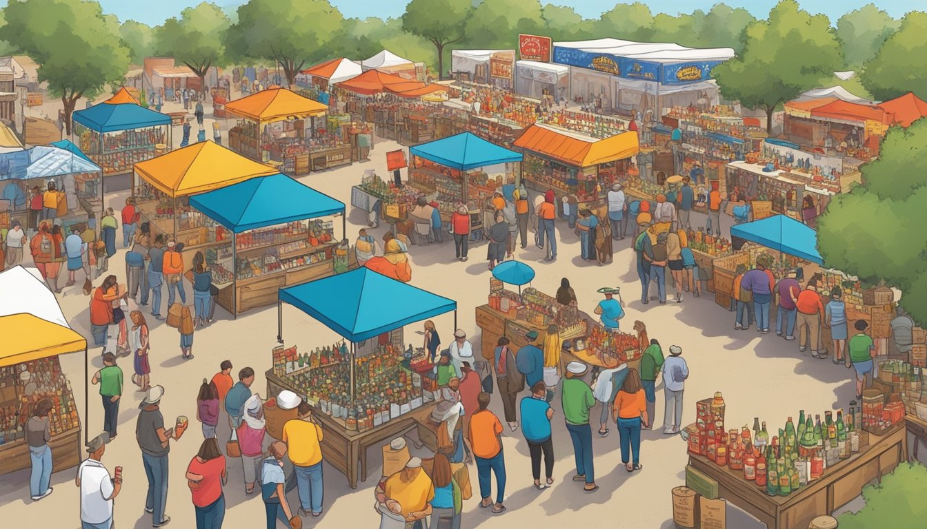 Crowds gather around booths at the Texas hot sauce festival, sampling and purchasing various spicy sauces. Vendors display their products while visitors enjoy the lively atmosphere