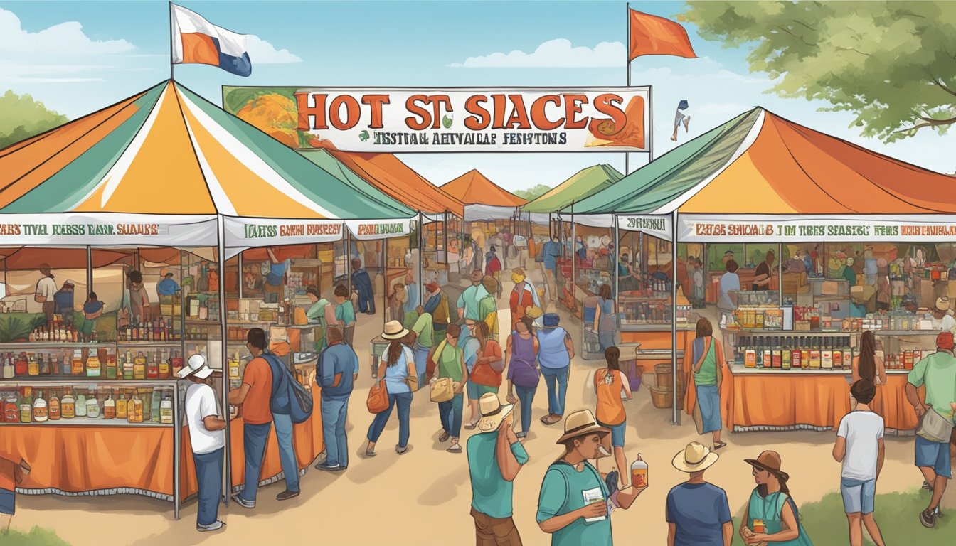 Visitors sample hot sauces at Texas festival. Booths line the outdoor venue. A banner displays festival name. Tents provide shade