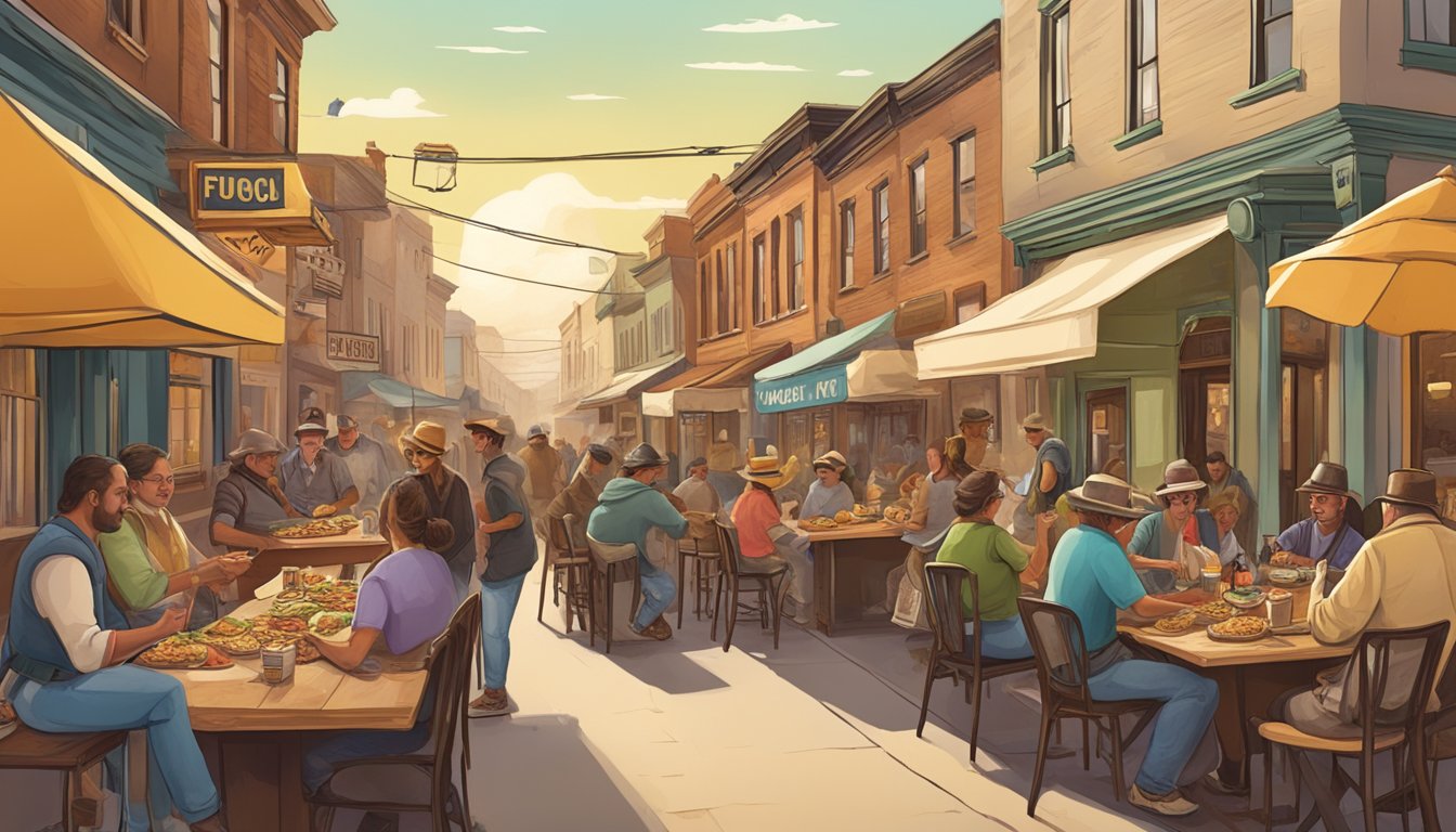 A bustling street in a historic gold rush town, with a diverse crowd enjoying fusion tacos from various culinary influences