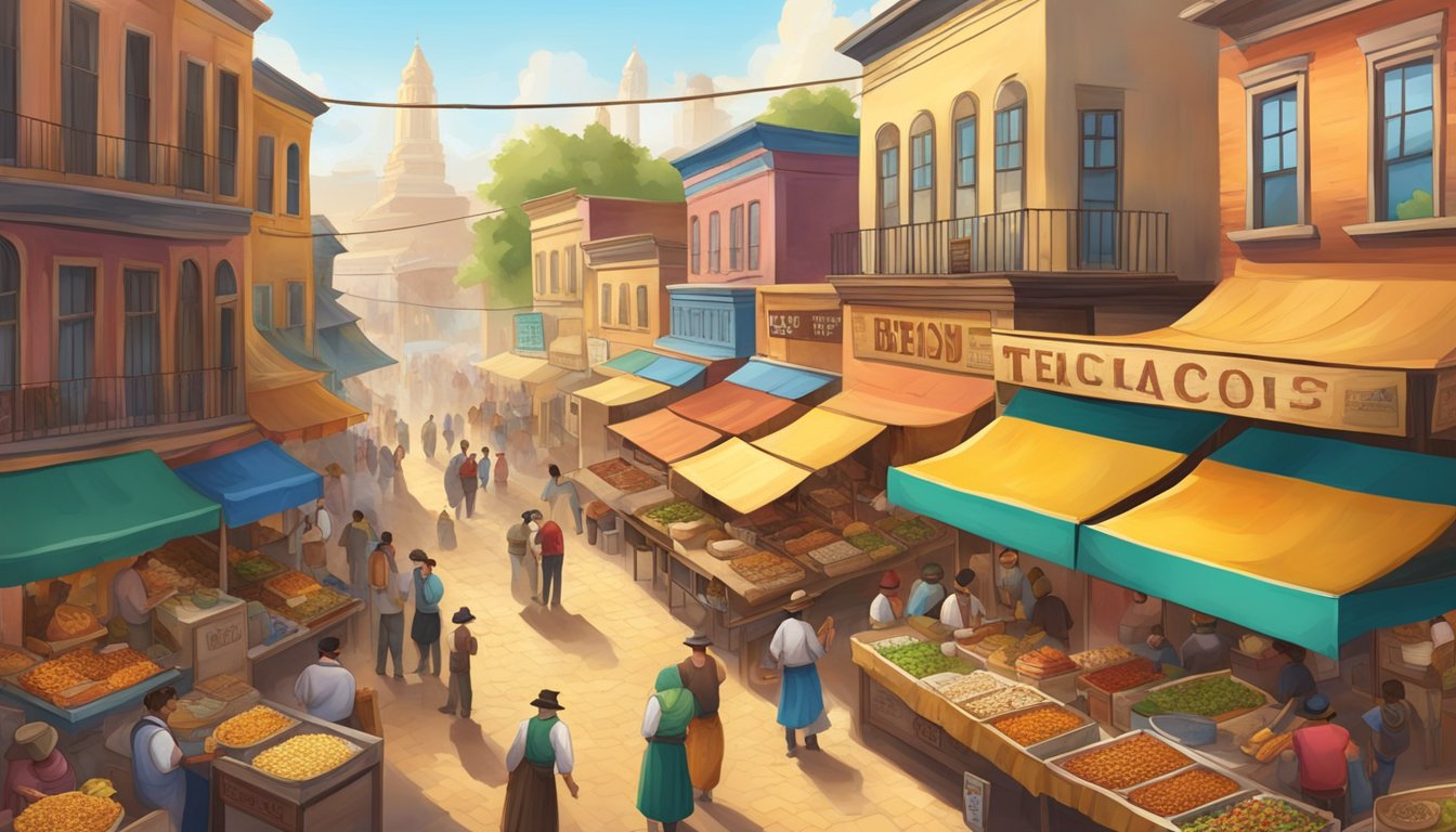 A bustling street market with colorful food stalls selling a variety of tacos, surrounded by historical gold rush town buildings