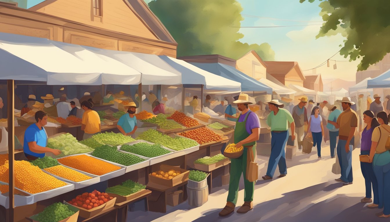 A bustling farmers market with colorful stalls selling fresh produce and ingredients for making the best tacos in California's gold rush towns