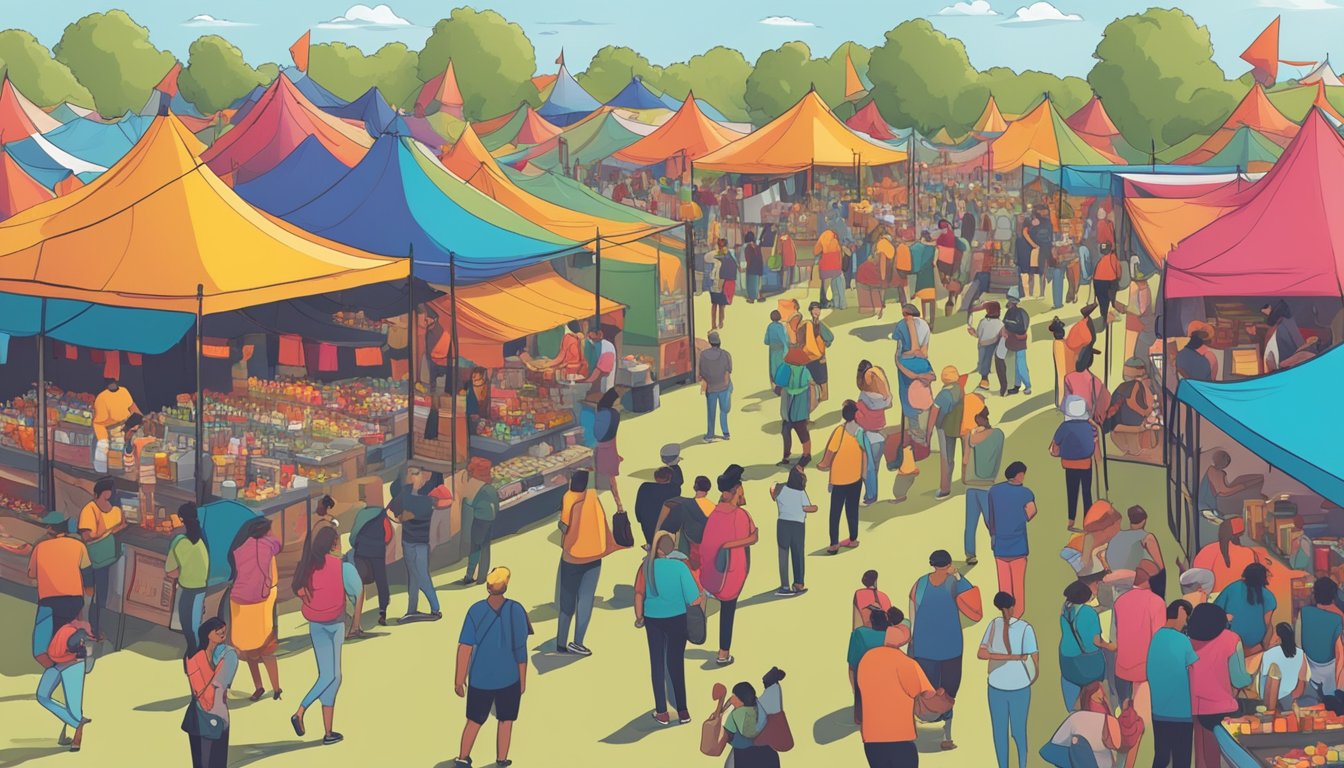 A bustling outdoor festival with colorful tents, people sampling hot sauces, live music, and vendors displaying their spicy products