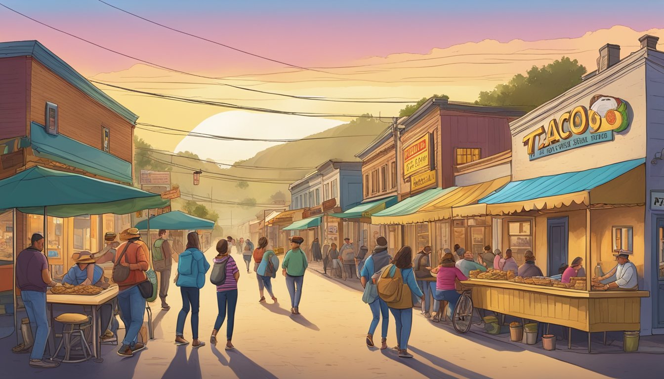 A bustling street in a historic gold rush town, lined with colorful taco stands and enthusiastic customers enjoying the best tacos in California