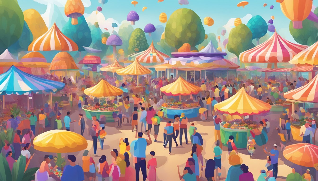 A vibrant festival scene with colorful mushroom displays, food vendors, and excited attendees enjoying live music and activities