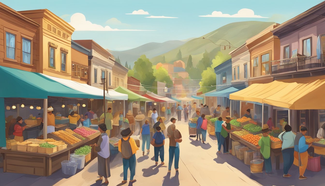 A bustling street market in a historic gold rush town, with colorful taco stands and local vendors selling fresh, sustainable ingredients