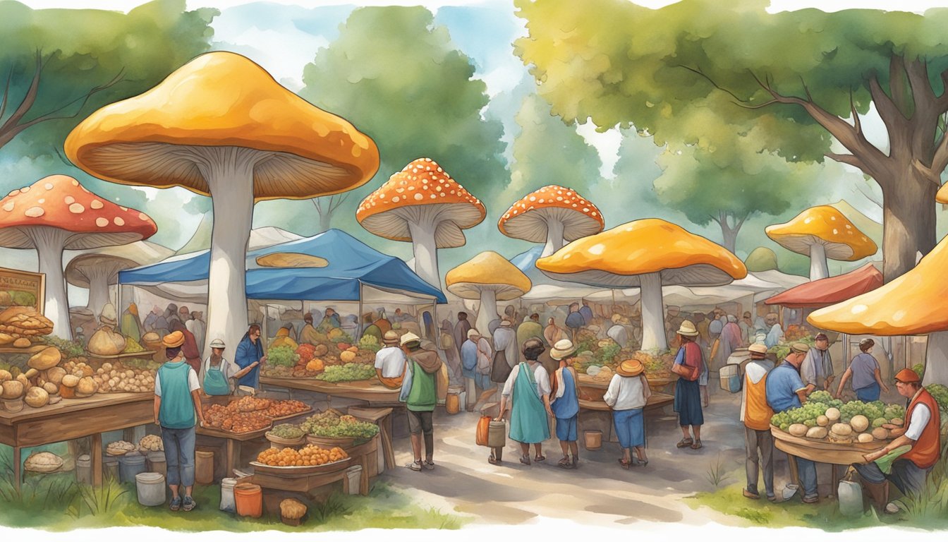 Vibrant mushroom vendors line the festival grounds, showcasing an array of unique fungi. The air is filled with the aroma of sizzling mushroom dishes and the sound of live music