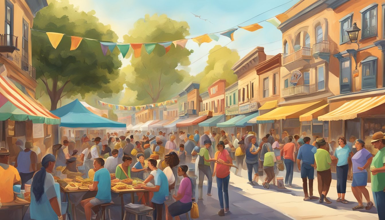 A bustling street fair in a historic gold rush town, with colorful taco vendors lining the sidewalks and a lively crowd enjoying the best tacos in California