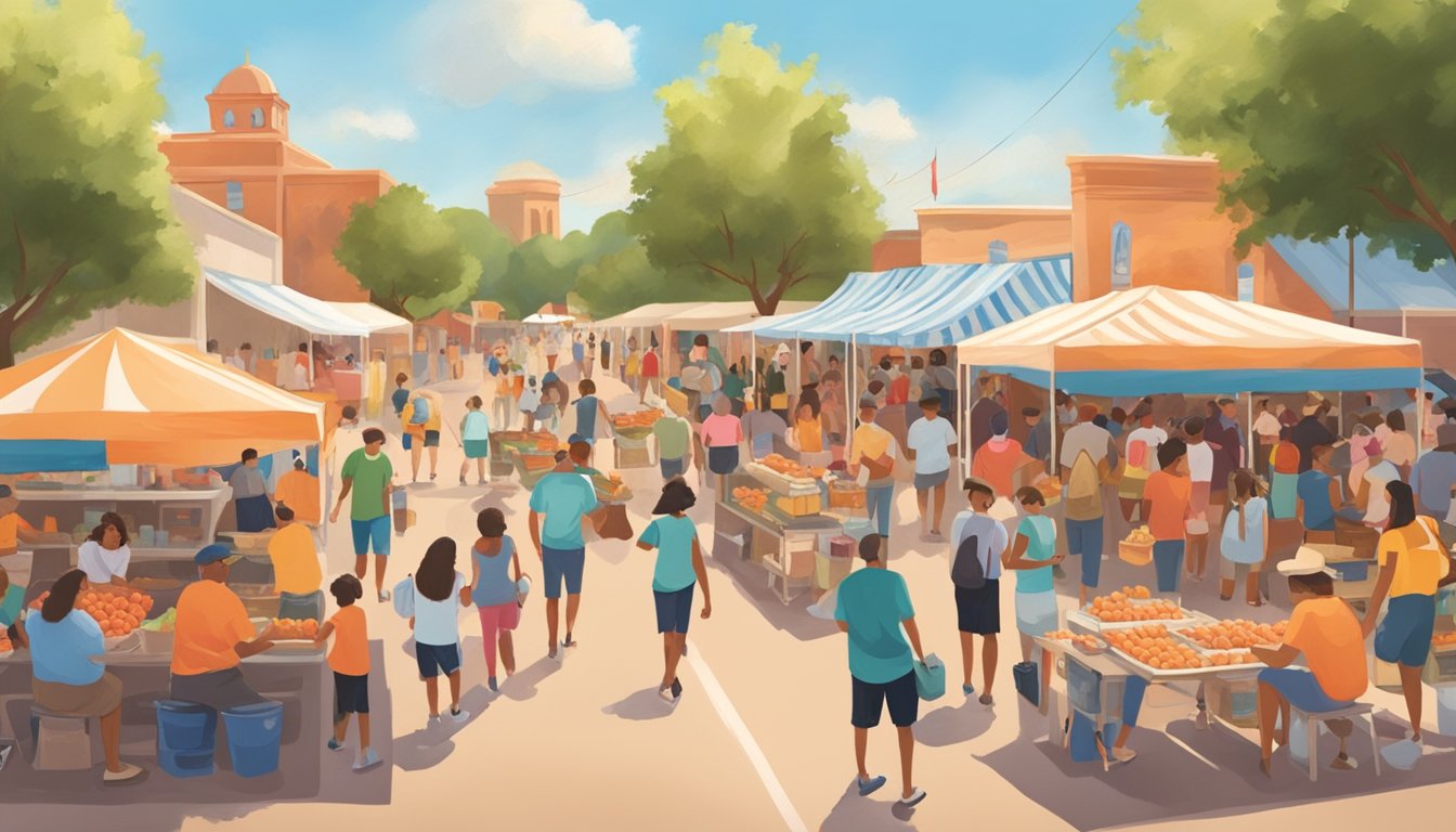 A bustling Texas Peach Festival with vendors, live music, and families enjoying peach-themed activities under the warm summer sun