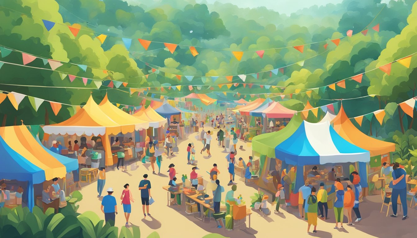 A bustling festival scene with mushroom-themed educational booths, workshops, and activities, surrounded by lush greenery and colorful banners