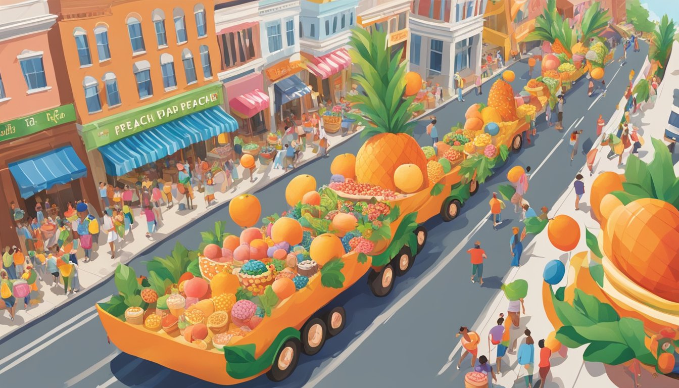 Colorful parade floats winding through downtown streets, adorned with giant peach decorations and lively music, as crowds cheer and vendors sell peach-themed treats