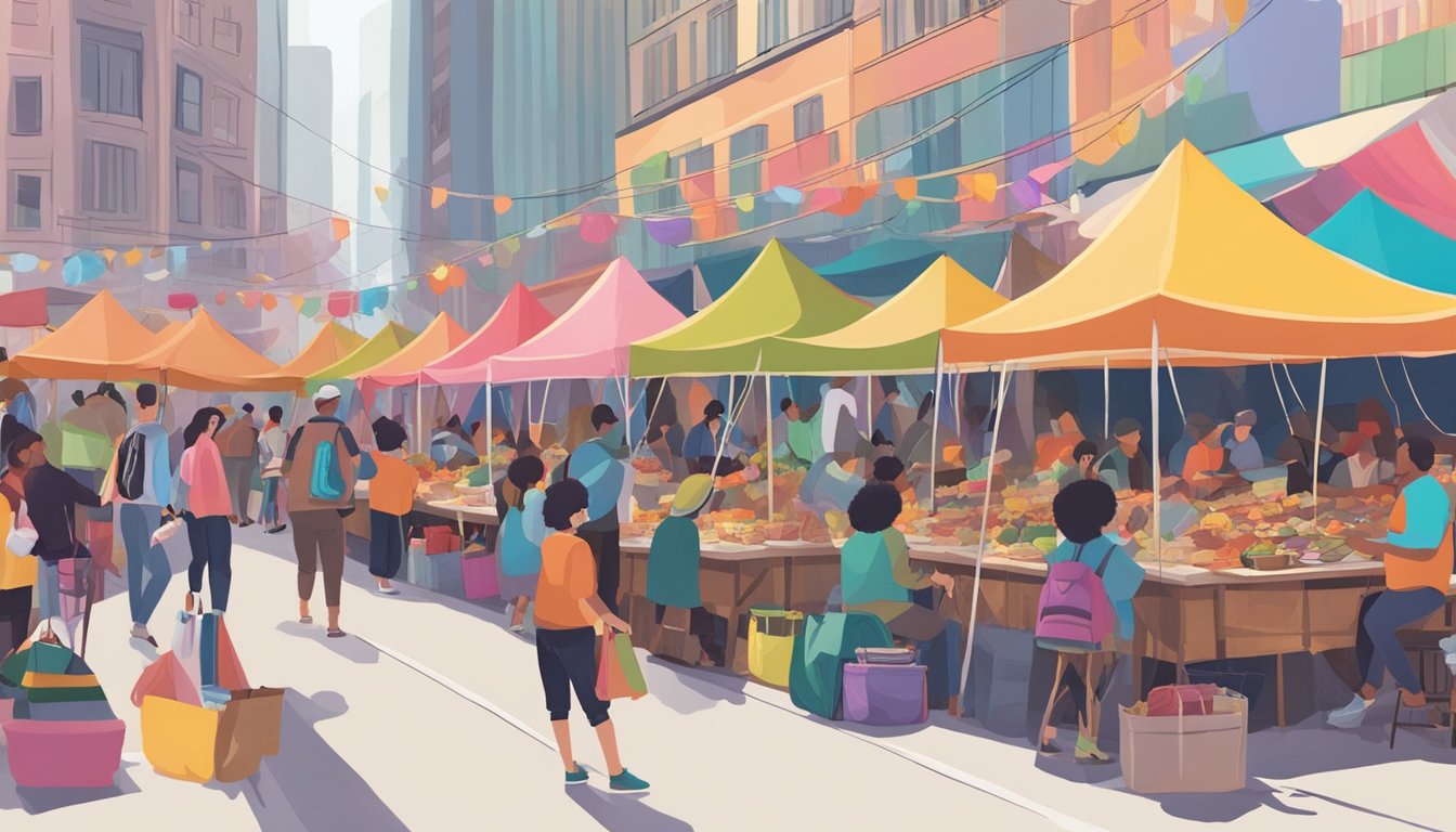 Colorful tents line the streets, filled with vendors selling mushroom-themed goods. People gather to enjoy live music and sample various mushroom dishes