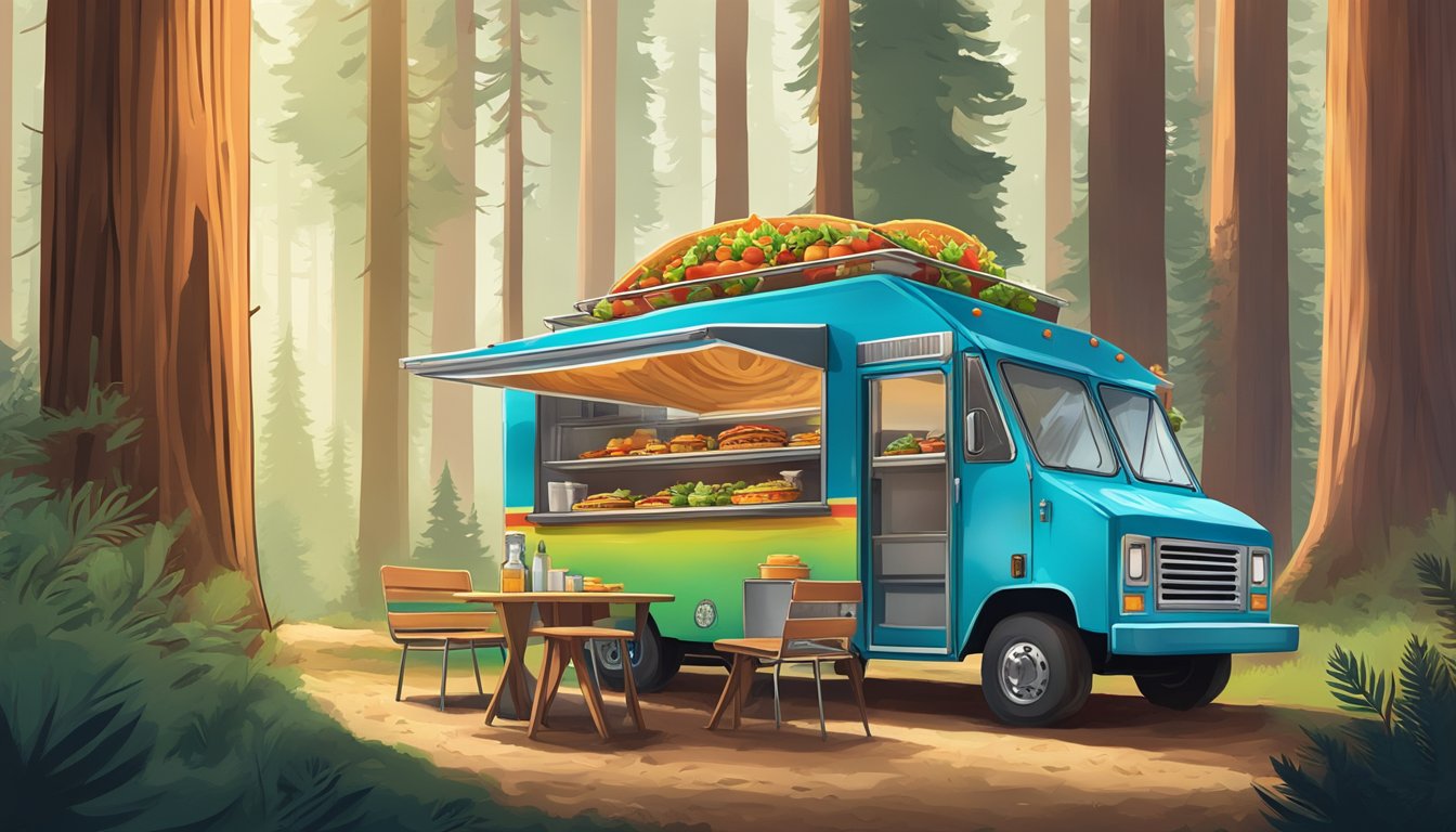 A colorful food truck surrounded by towering redwood trees, serving up mouthwatering tacos to a line of hungry hikers in California's national park