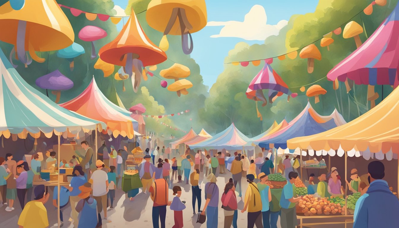 A colorful festival tent with a sign, surrounded by mushroom displays and vendors, with visitors milling about