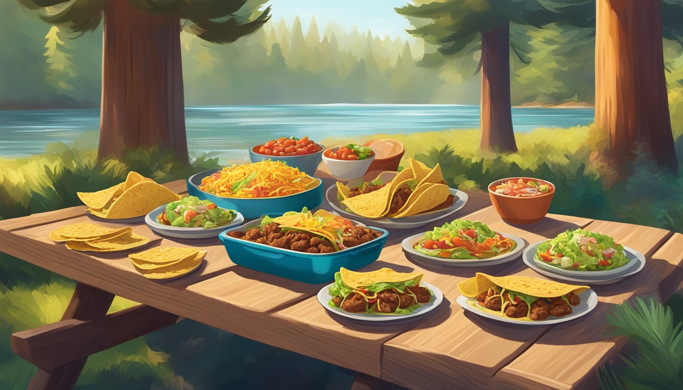 A colorful array of tacos spread out on a picnic table, surrounded by towering redwood trees and a glistening river in the background