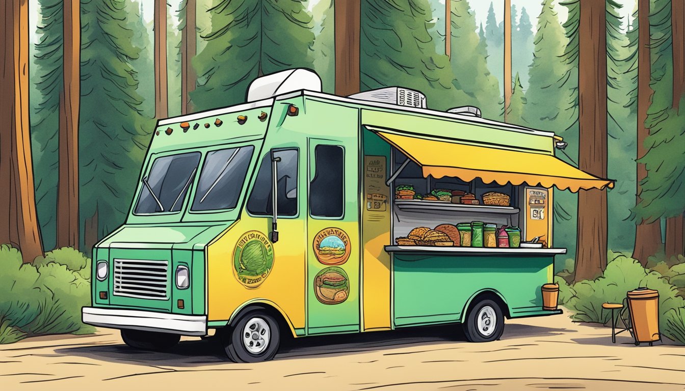 A colorful food truck surrounded by towering trees in Yosemite National Park, serving up the best tacos in California's national parks