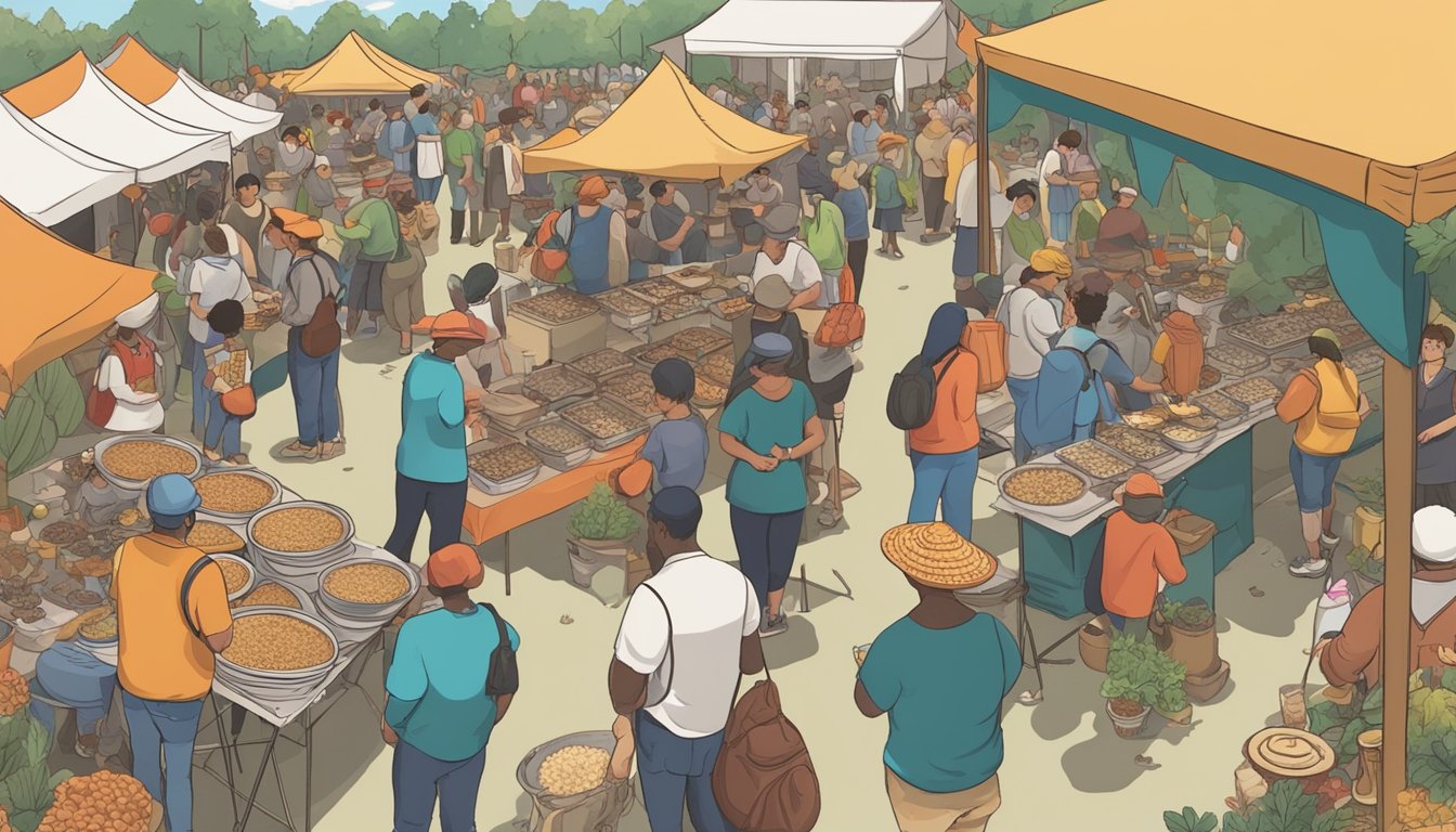 A bustling festival with vendors, music, and mushroom-themed decorations. People gather around to sample different mushroom dishes and watch cooking demonstrations