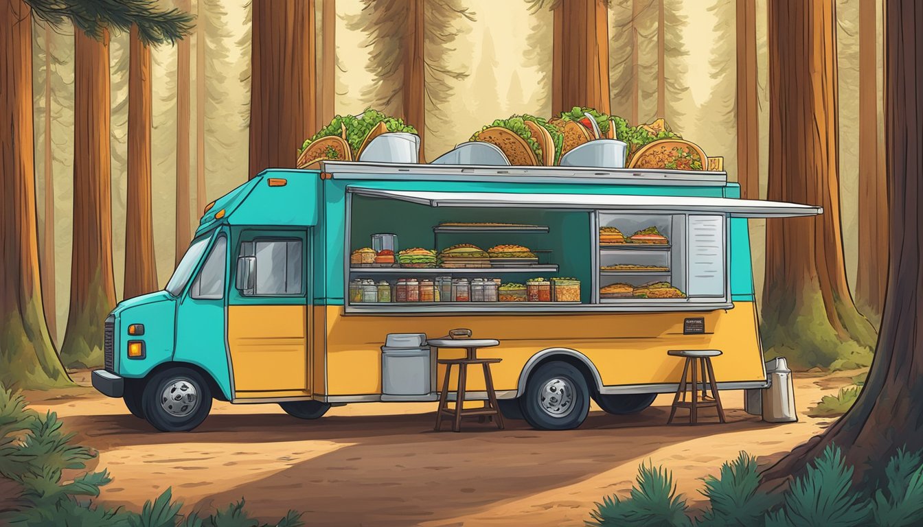 A colorful food truck surrounded by towering sequoia trees, serving up the best tacos in Sequoia & Kings Canyon National Parks