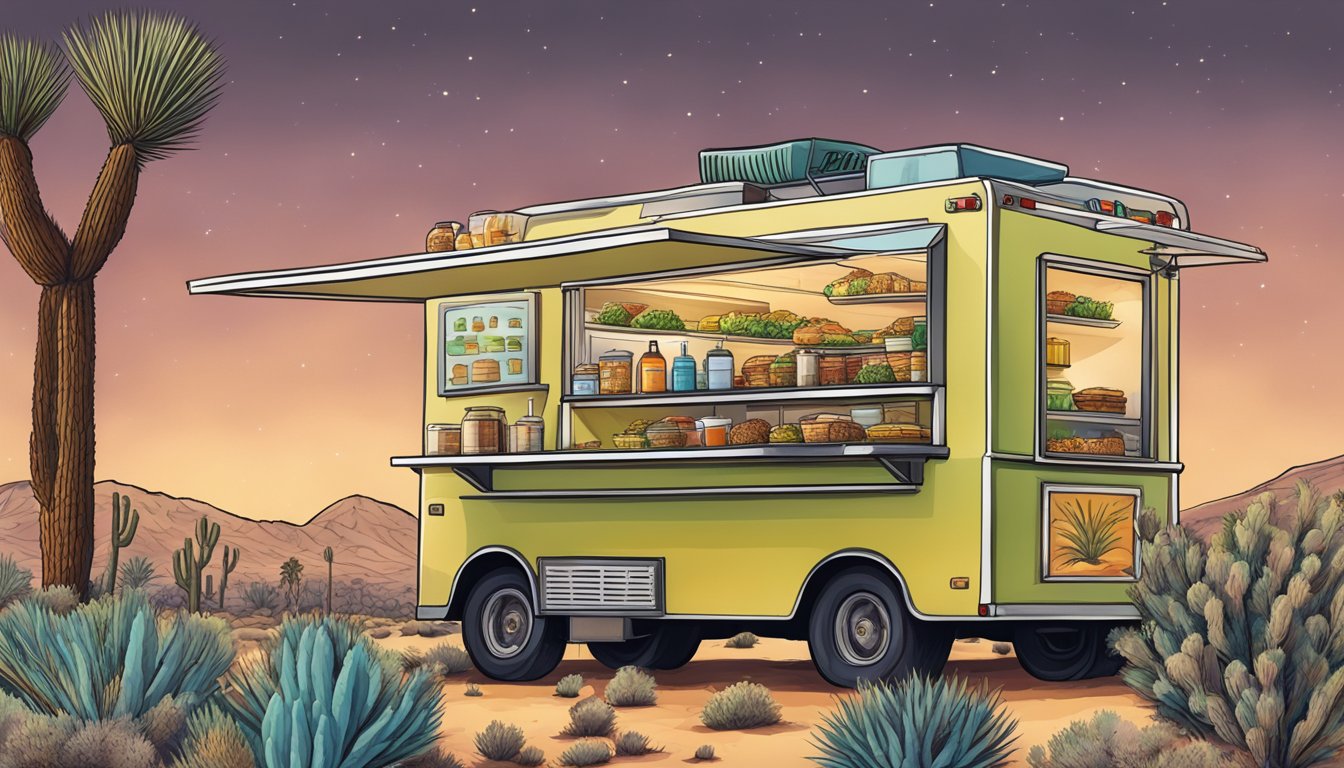 A food truck surrounded by desert flora, serving up delicious tacos in Joshua Tree National Park