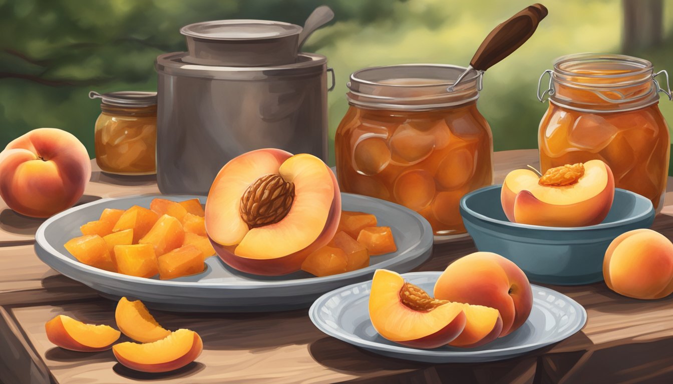 Juicy peaches being sliced and grilled over a campfire at the Texas Peach Festival. Bowls of peach cobbler and jars of peach preserves on a rustic table