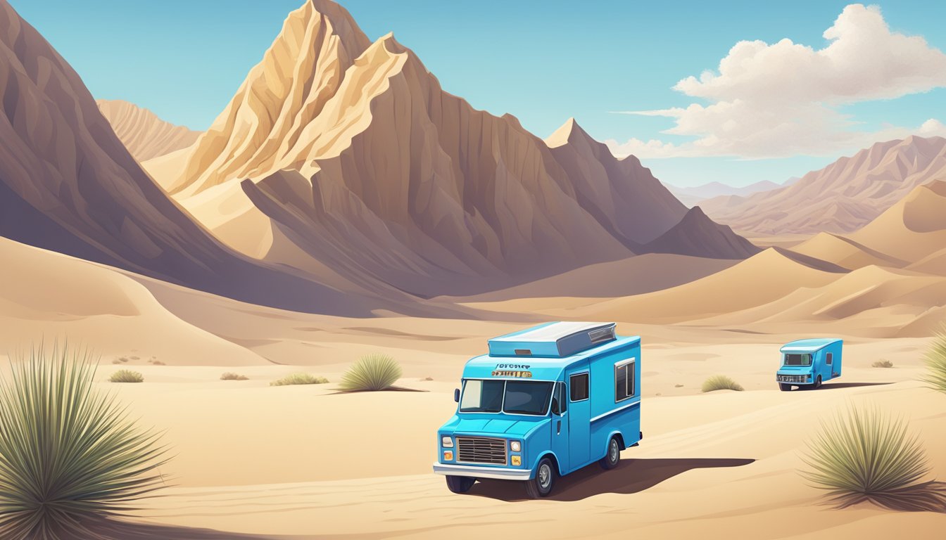 A desert landscape with a food truck serving tacos, surrounded by towering sand dunes and a clear blue sky in Death Valley National Park