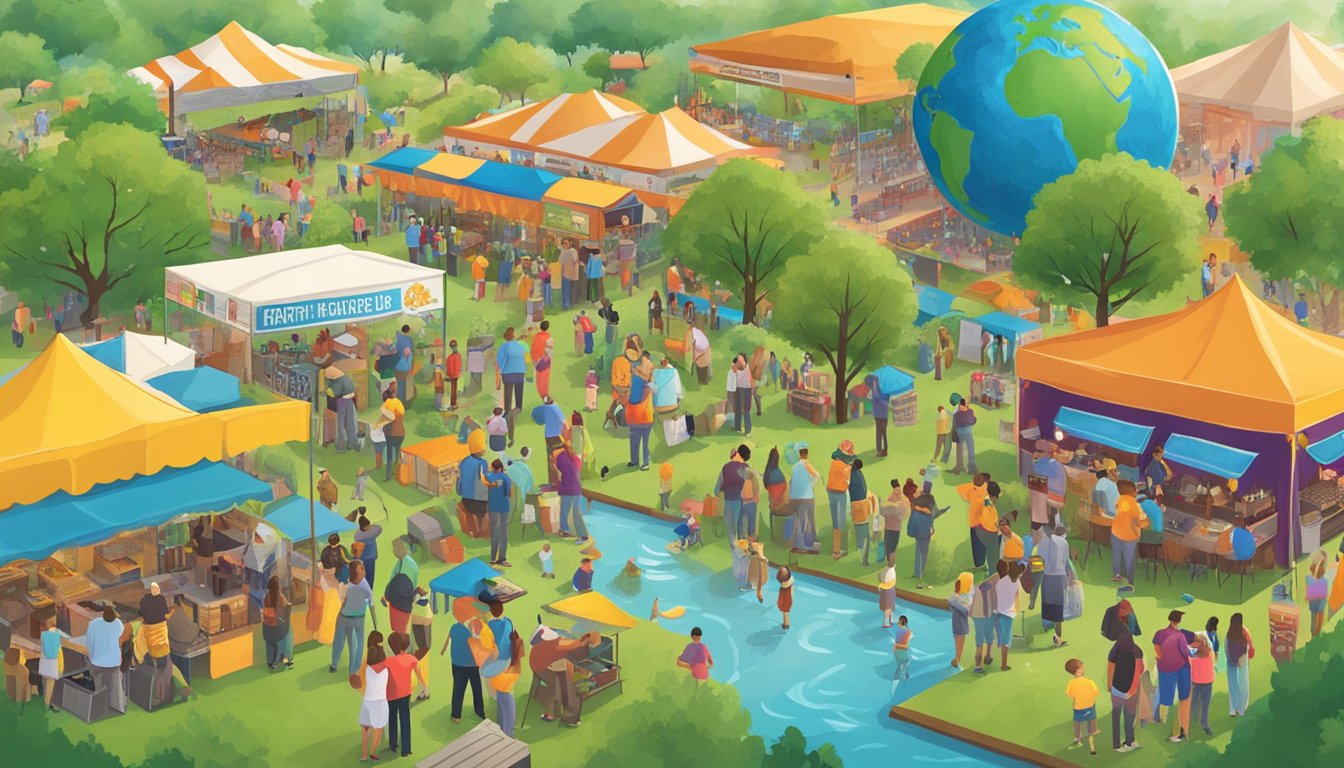 A vibrant outdoor festival with live music, food vendors, and interactive exhibits celebrating Earth Day in Texas