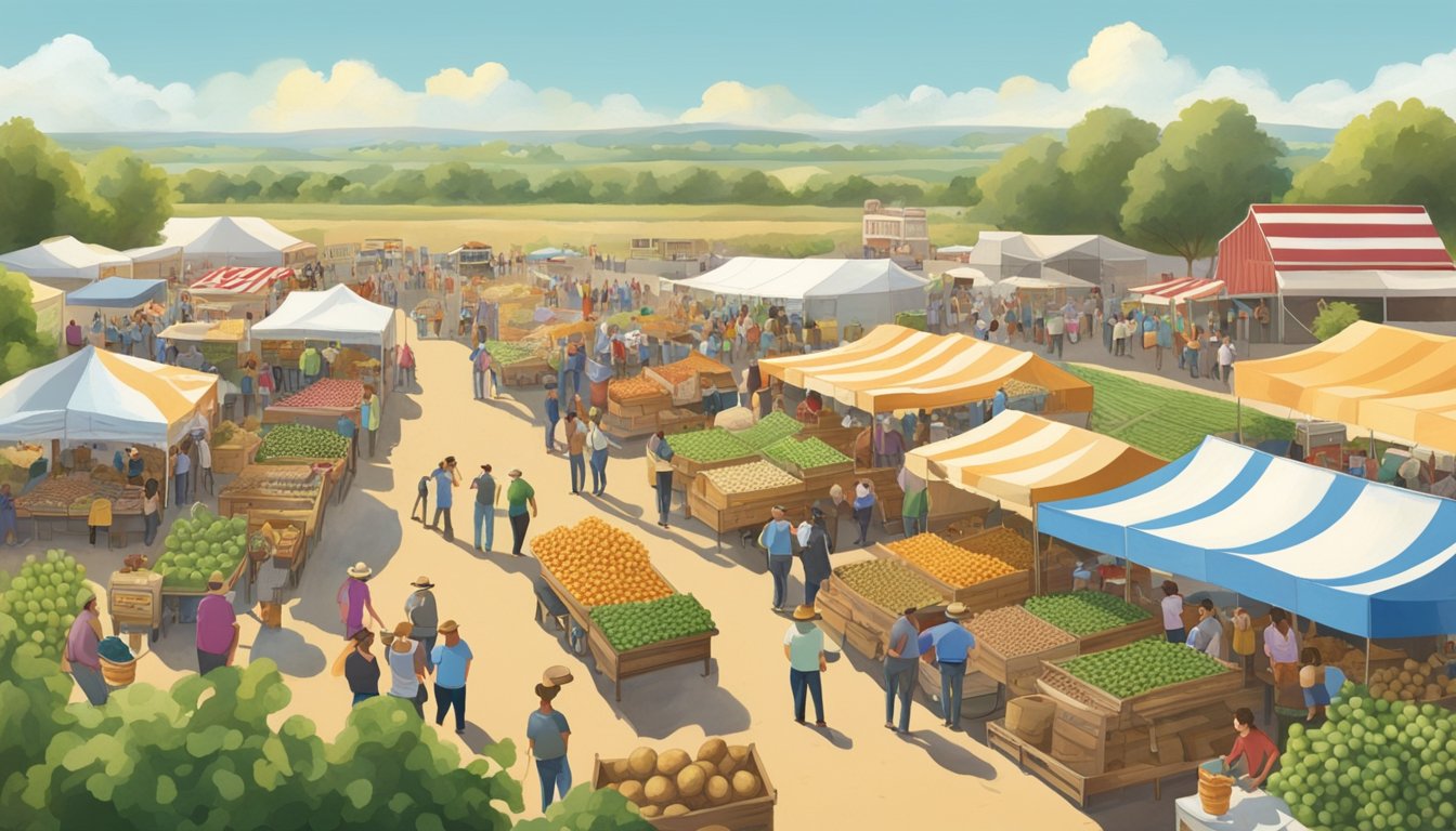 A bustling Texas Potato Festival with booths, food, and live music, surrounded by fields of potato plants and a sunny sky