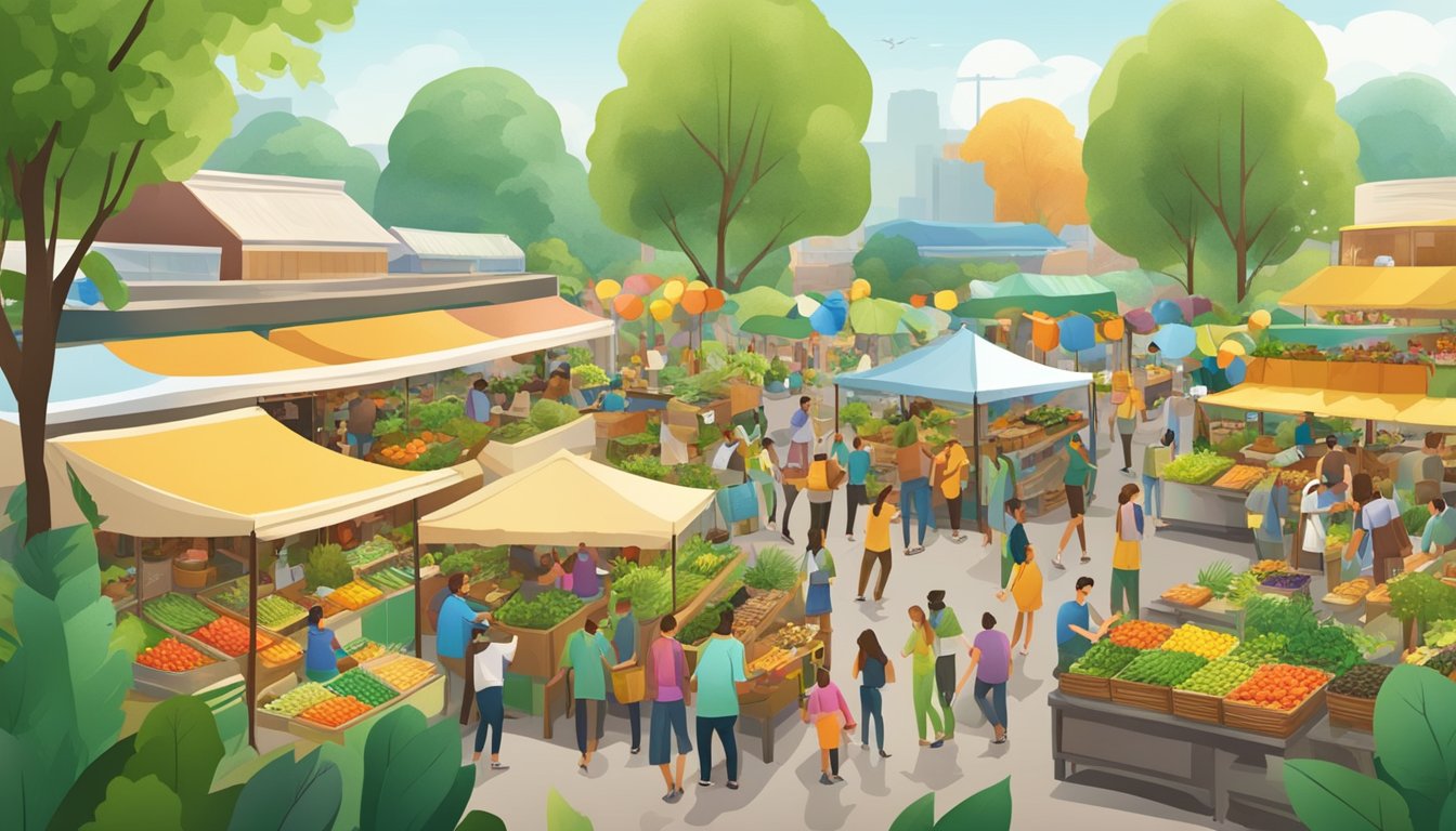 A bustling outdoor market with colorful eco-friendly displays and activities, surrounded by lush greenery and buzzing with excitement for Earth Day