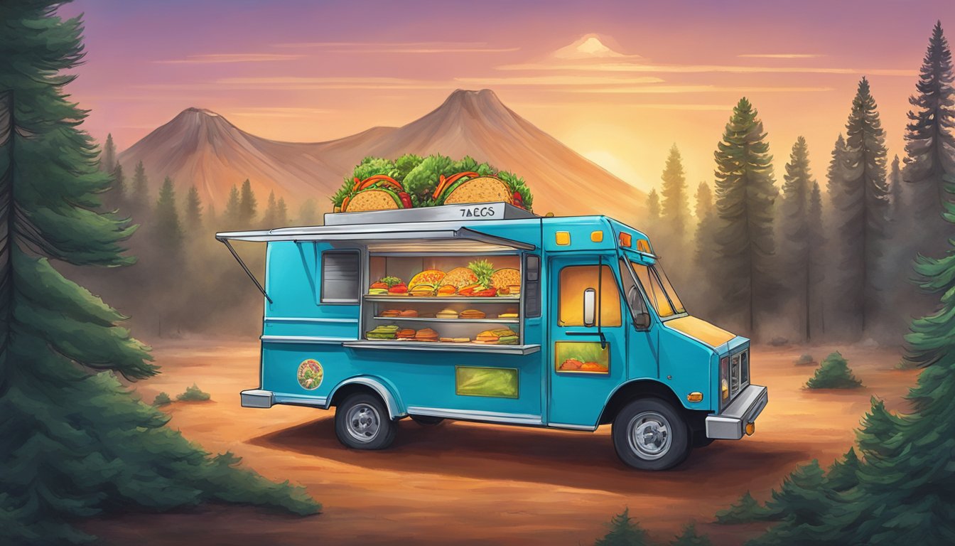 A colorful food truck surrounded by towering pine trees, serving up delicious tacos with a backdrop of steaming volcanic vents in Lassen Volcanic National Park