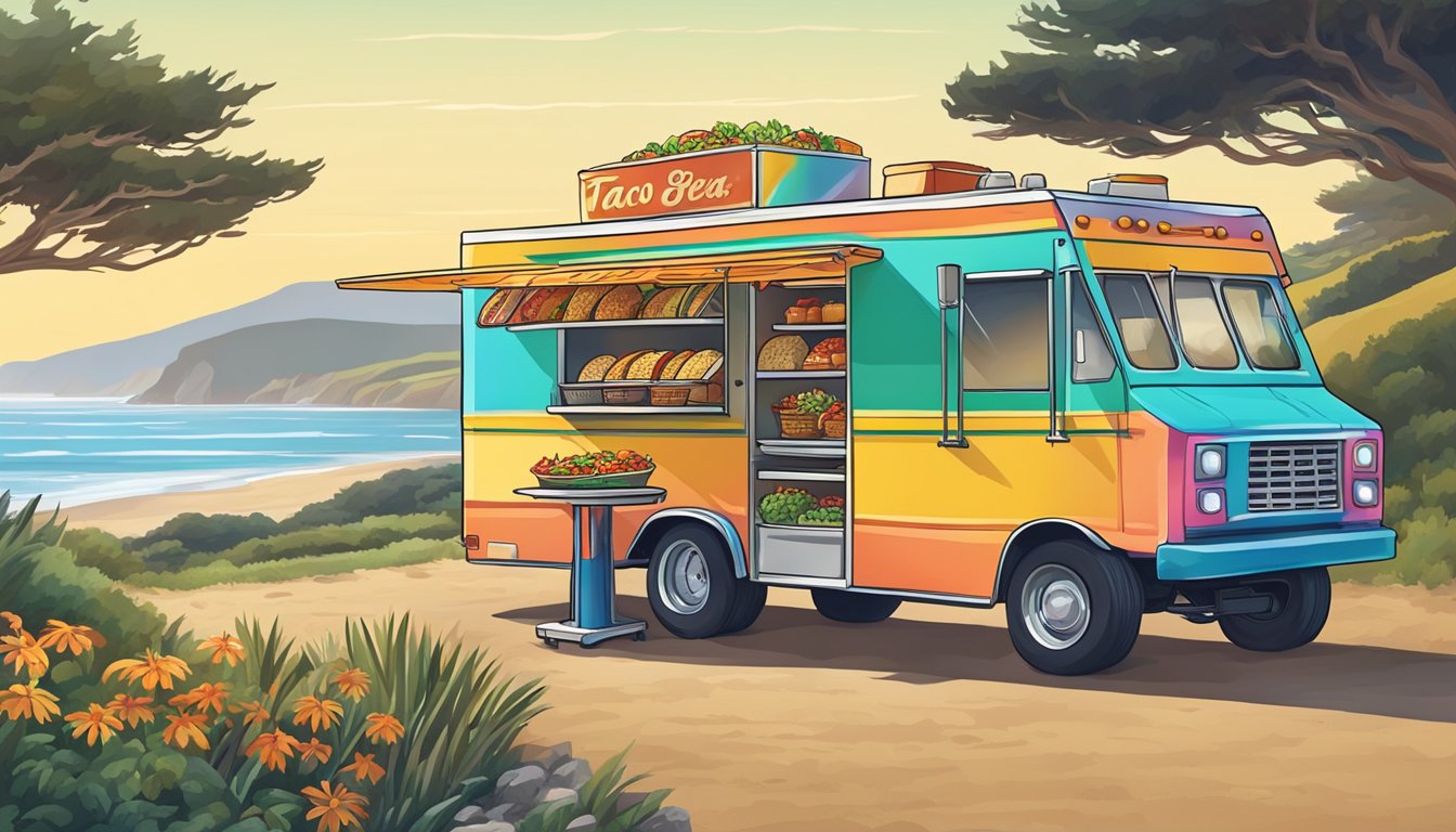 A colorful food truck serving up delicious tacos with a backdrop of the stunning Point Reyes National Seashore