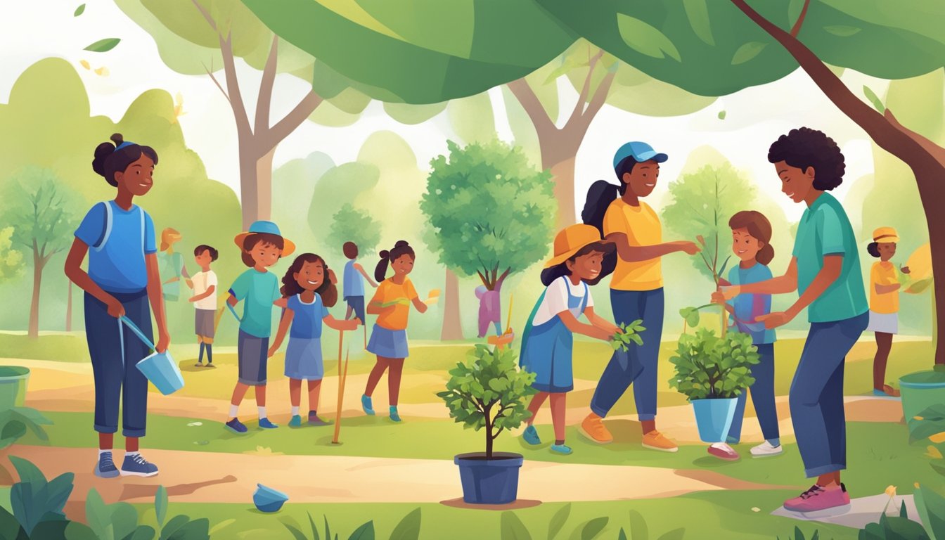 Children planting trees in a park while parents watch, surrounded by colorful earth day banners and activities