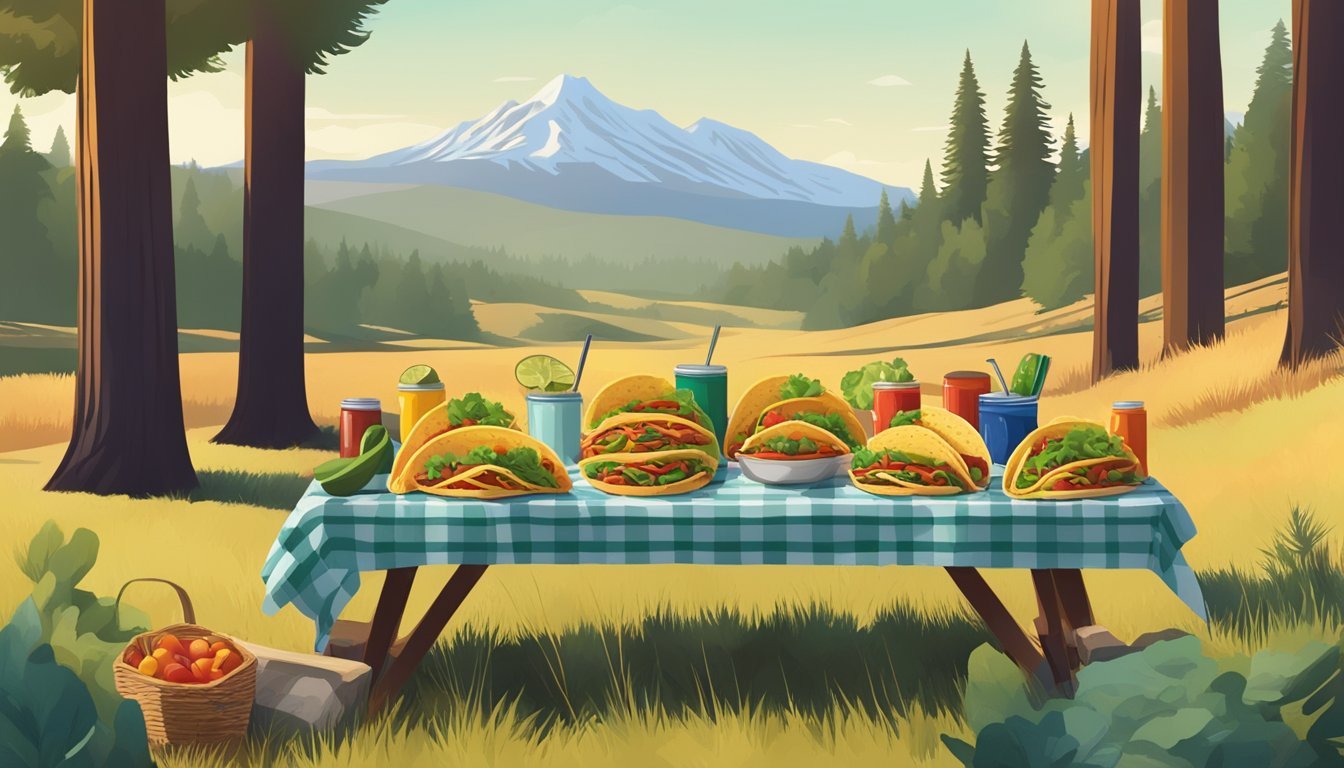 A picnic spread with colorful, fresh tacos set against a backdrop of towering trees and majestic mountains in a California national park