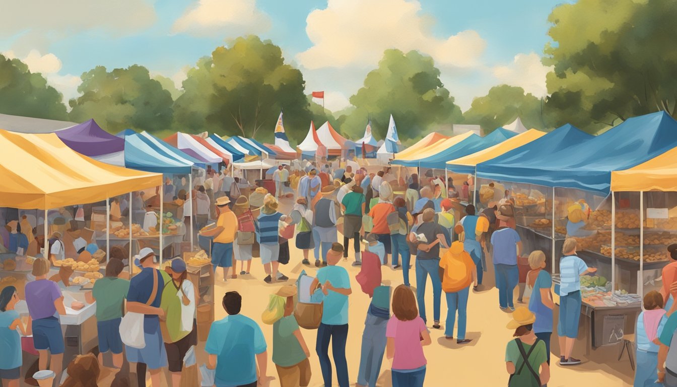 Crowds gather around colorful booths at the Texas Potato Festival, enjoying live music, food, and games. The air is filled with the scent of fried potatoes and excitement