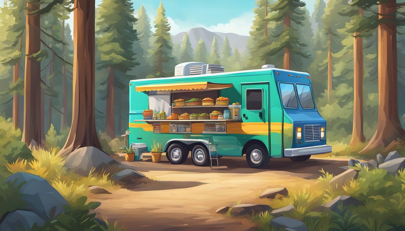 A colorful food truck surrounded by towering trees and rocky trails, serving up mouthwatering tacos to hungry hikers in a California national park