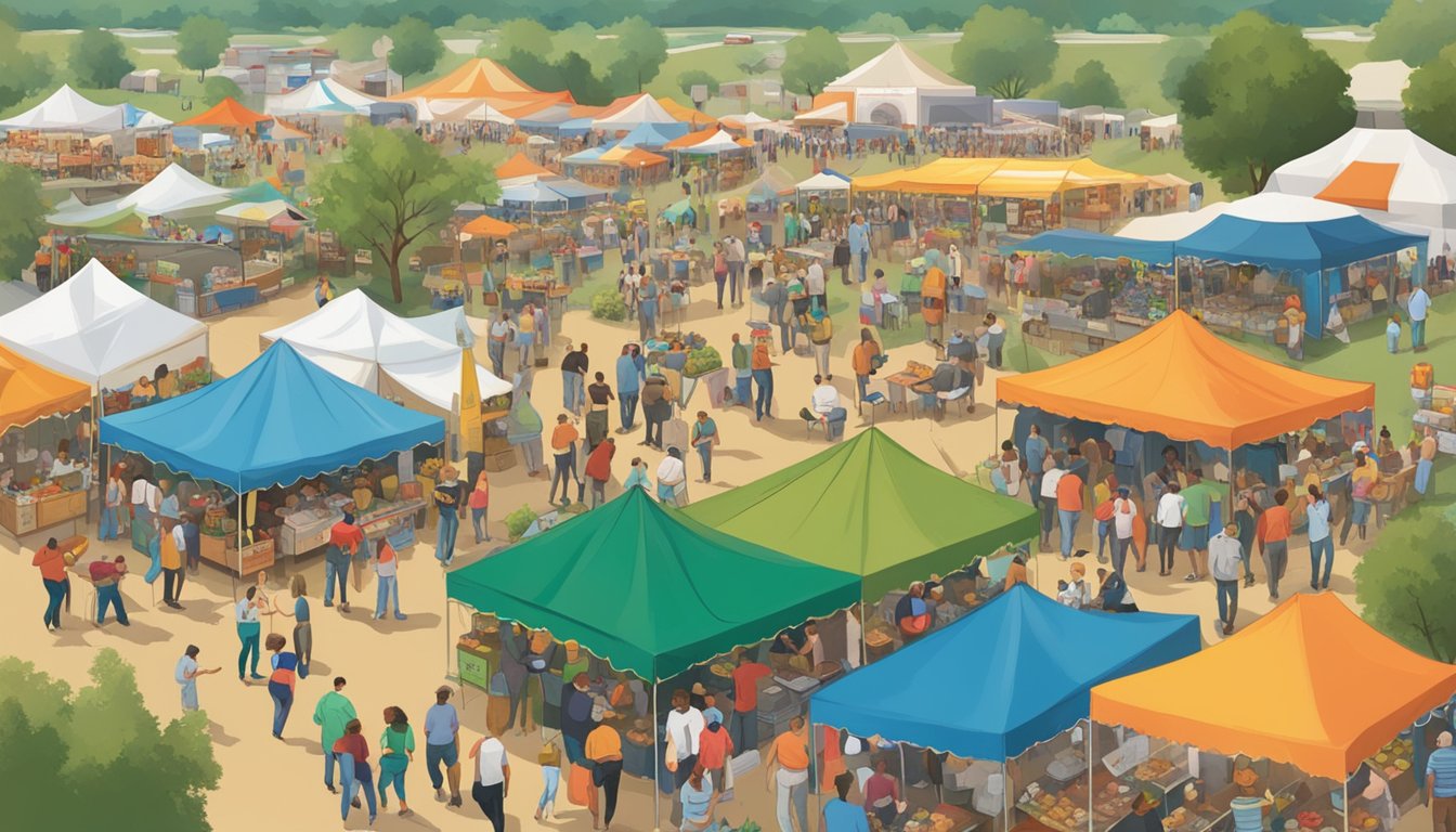 A bustling Texas potato festival with tents, food vendors, live music, and crowds of people enjoying the festivities