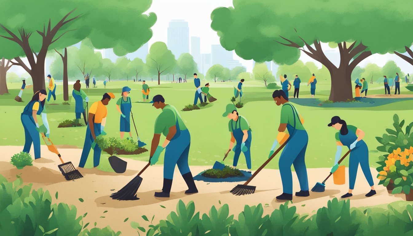 A group of people planting trees and cleaning up a park for Earth Day in Texas