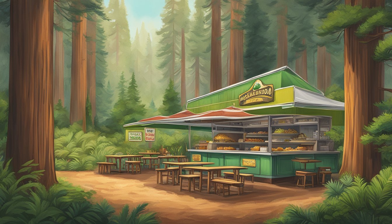 A lush forest of towering redwood trees with a small taco stand nestled among the greenery, serving up the best tacos in California's Redwood Empire