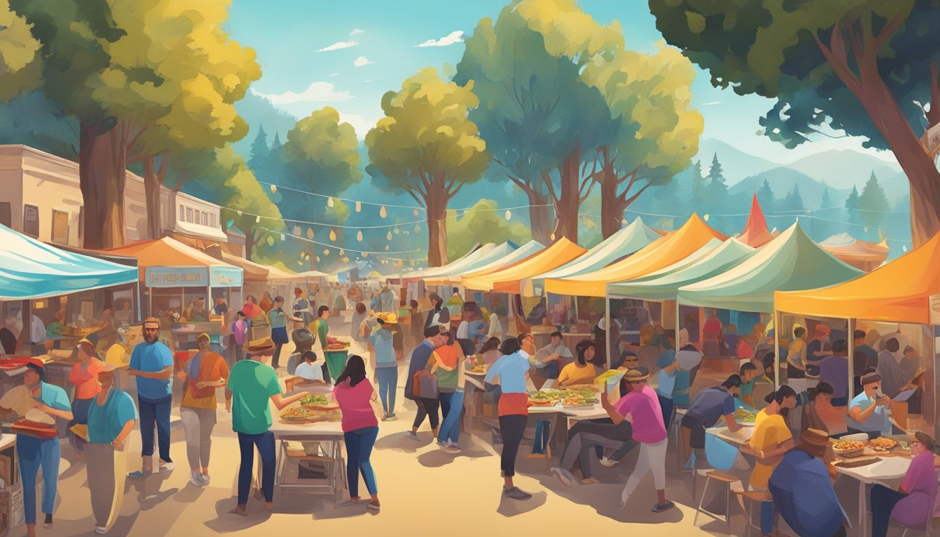 A bustling outdoor taco festival in the heart of California's Redwood Empire, with colorful food trucks and lively music