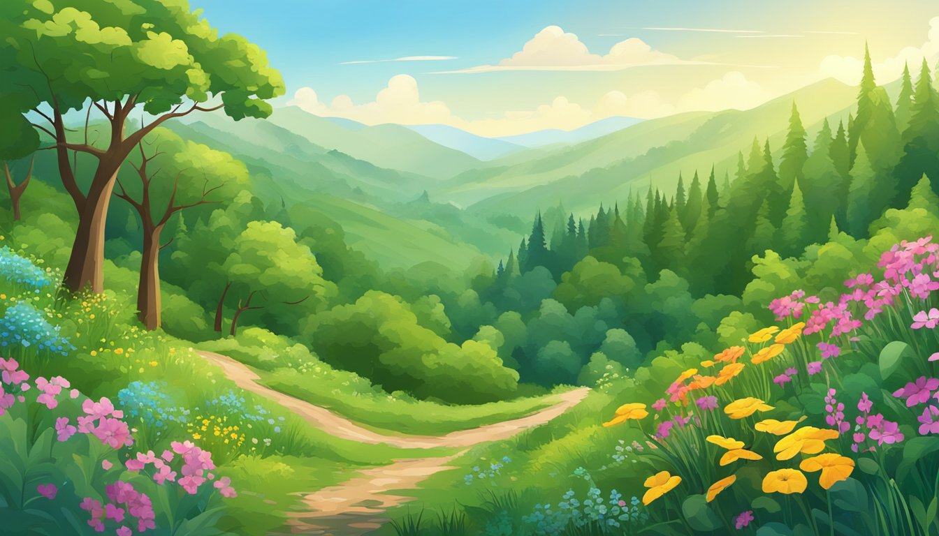 Lush green forest with winding trails, colorful wildflowers, and a clear blue sky