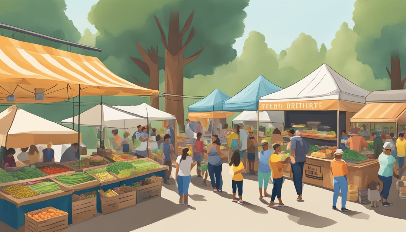 A bustling farmers' market with colorful stalls selling fresh local produce, surrounded by towering redwood trees. A food truck serves up mouthwatering tacos with a line of eager customers