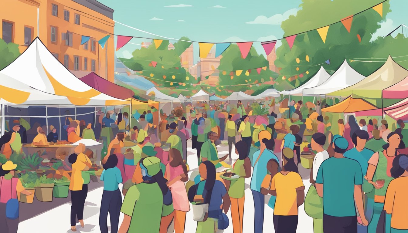 A bustling outdoor festival with colorful tents, food vendors, and lively music. People of all ages gather to celebrate plant-based living and sustainability