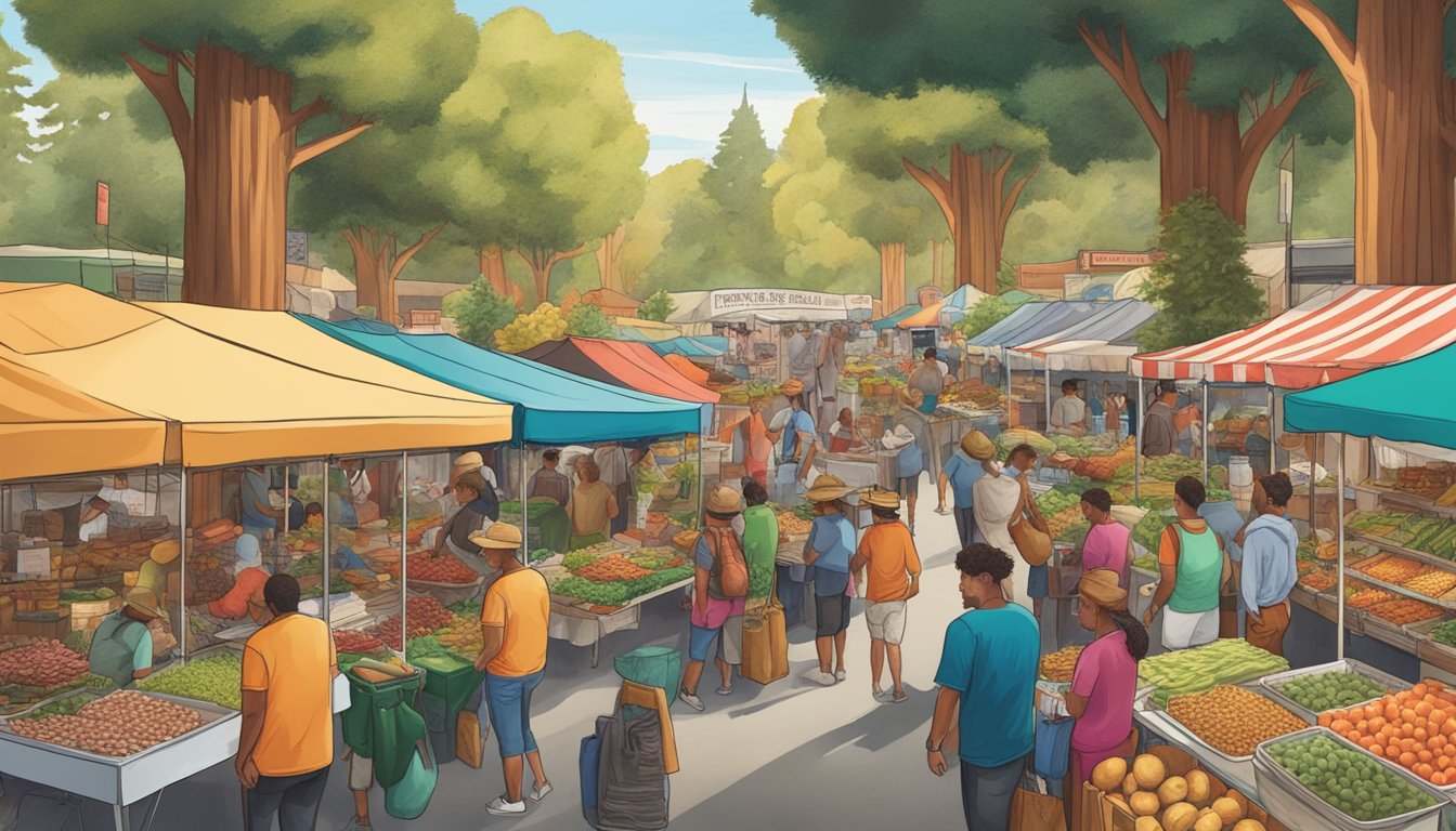 A bustling farmers' market with colorful taco vendors surrounded by towering redwood trees in the California redwood empire