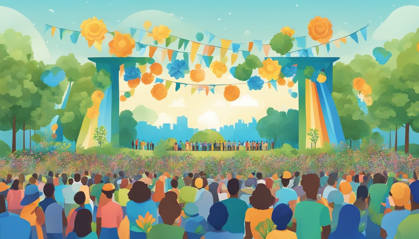 A colorful stage with trees, flowers, and Earth Day banners. A crowd gathers under a clear blue sky, eagerly anticipating the upcoming Closing Ceremonies for Earth Day events in Texas