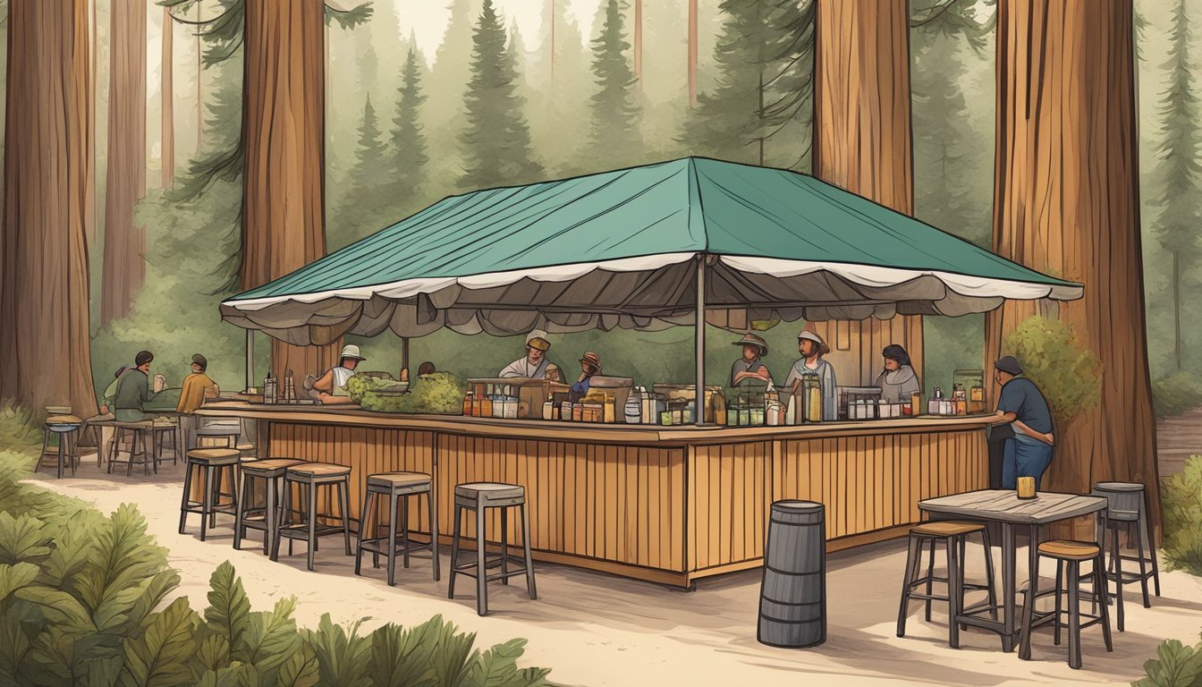 A rustic outdoor taco stand surrounded by towering redwood trees, with locals enjoying tacos and sipping on craft beers and artisanal wines