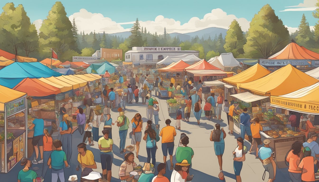 A bustling outdoor festival with colorful food stalls, live music, and people enjoying the best tacos in California's Redwood Empire