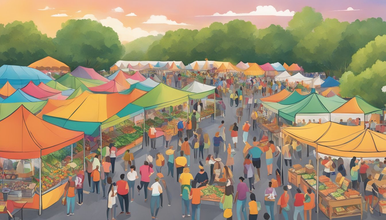 A bustling outdoor festival at Texas Veggie Fair with food vendors, live music, and colorful tents