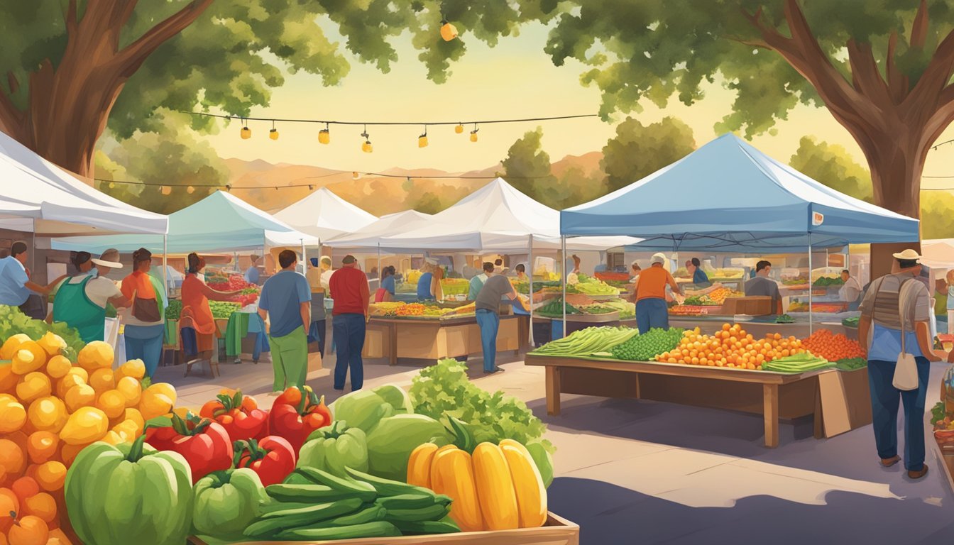 Vibrant farmers' market with colorful produce and bustling taco stands in California's agricultural heartland