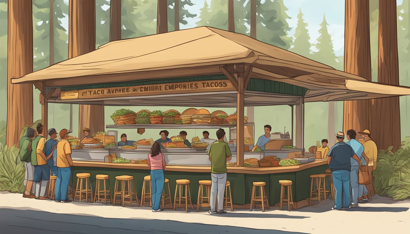 A bustling outdoor taco stand surrounded by towering redwood trees in the California redwood empire, with a line of eager customers waiting for the best tacos