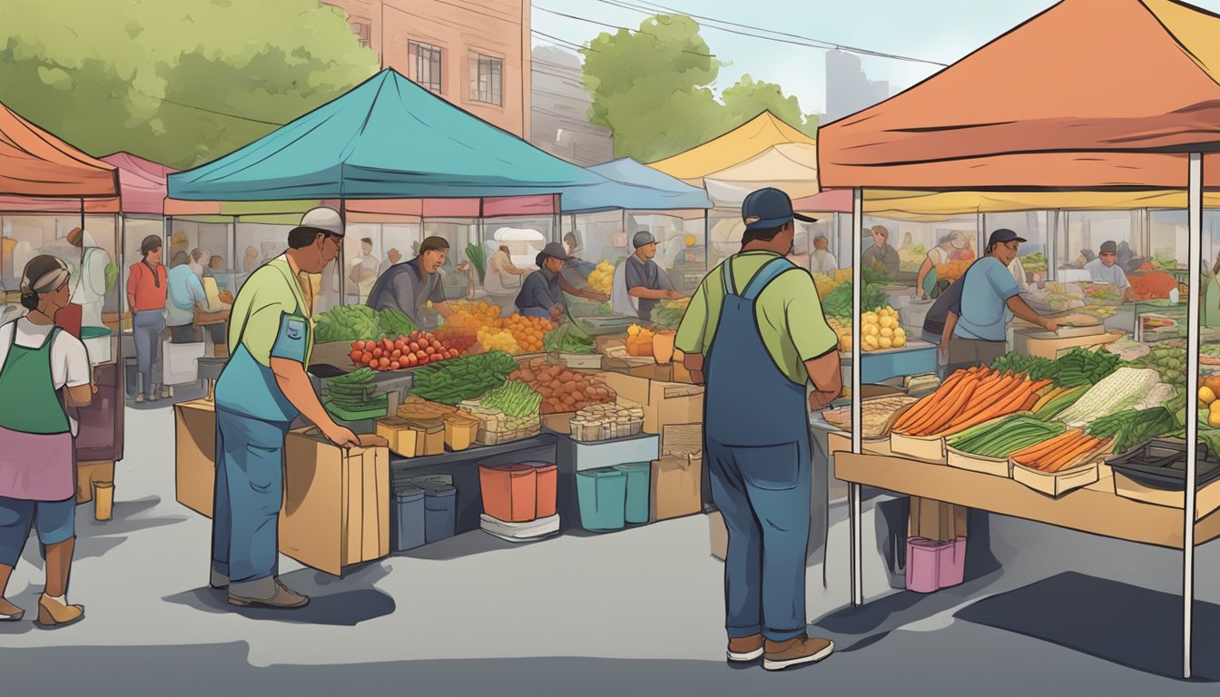 A bustling farmer's market with colorful stalls selling local produce, while a food vendor prepares mouthwatering tacos using traditional recipes