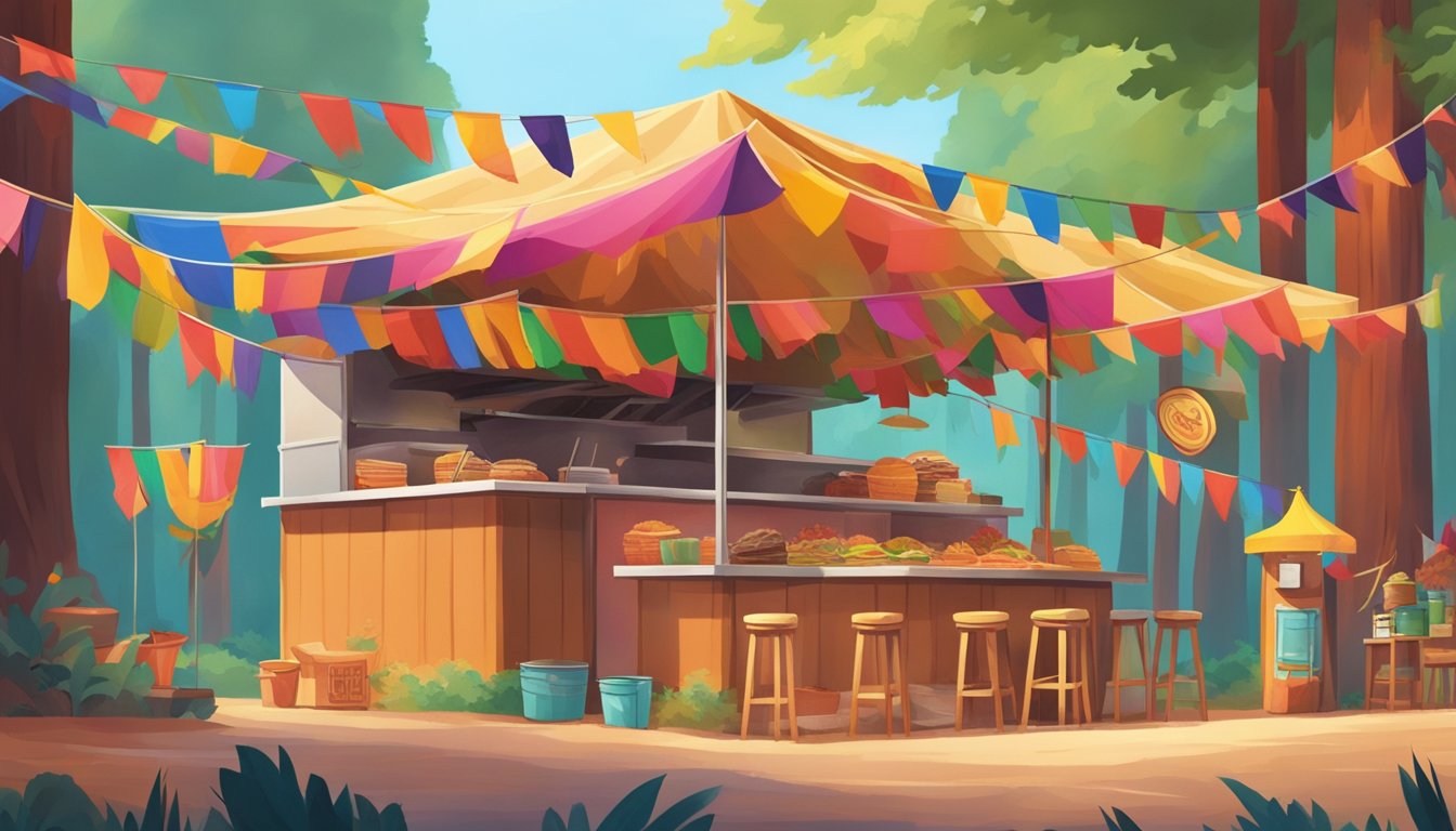 A vibrant taco stand nestled among towering redwoods, with colorful flags fluttering in the breeze and the aroma of sizzling meats filling the air